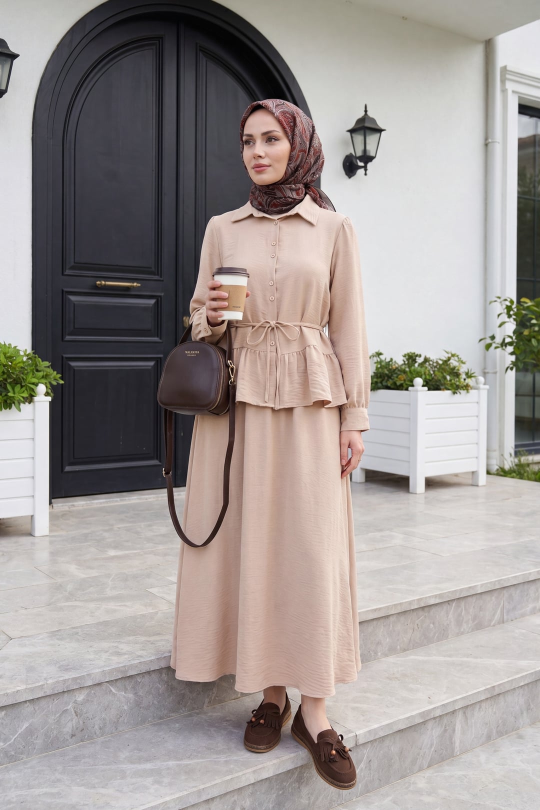 Beige Ruchted Blouse and Skirt Modest Set - Podyumplus - by Peralane