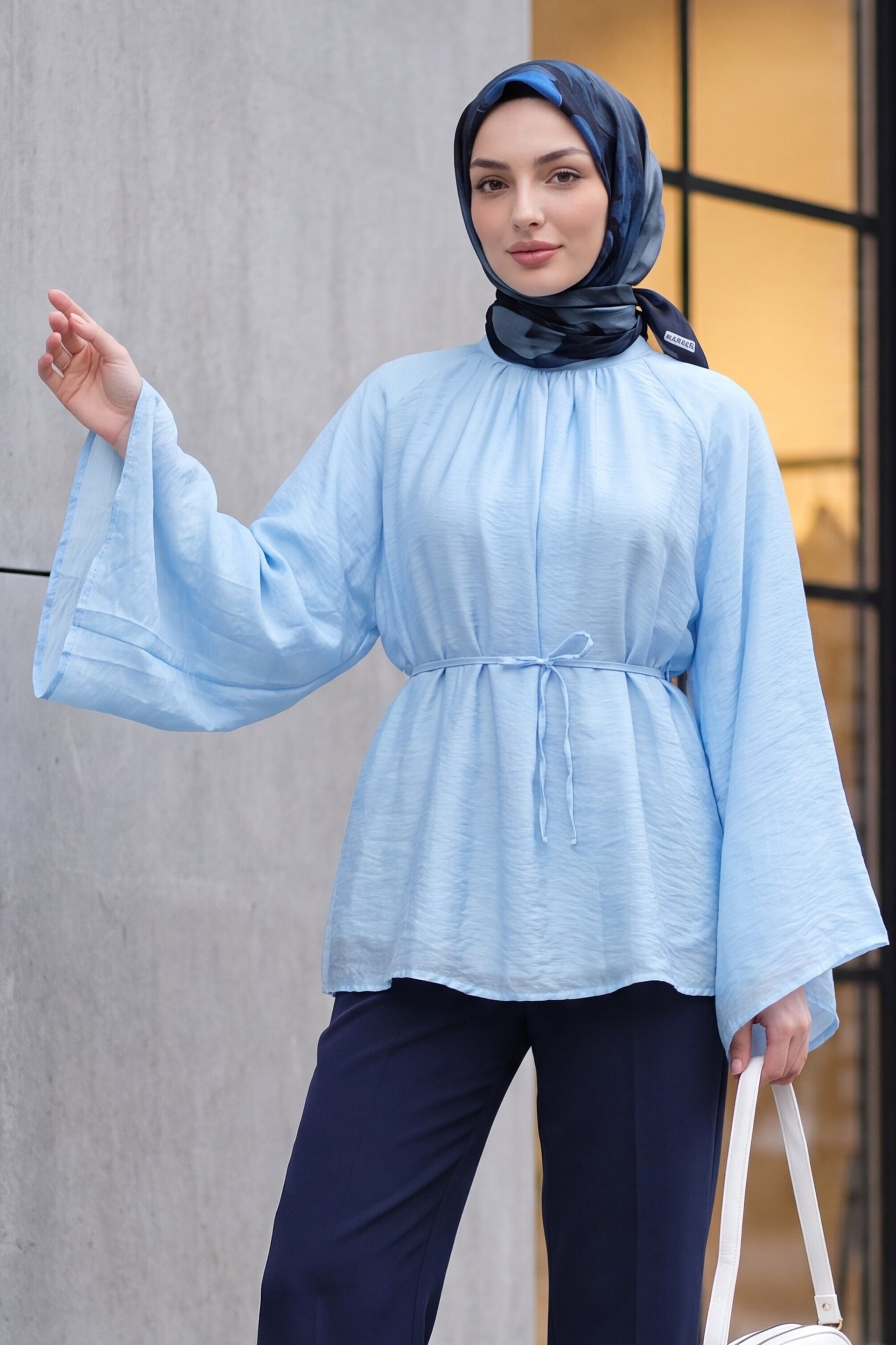 Hakim Collar Belted Lined Spanish Sleeve Oversize Lyocell Tunic - Baby Blue - Podyumplus - by Peralane