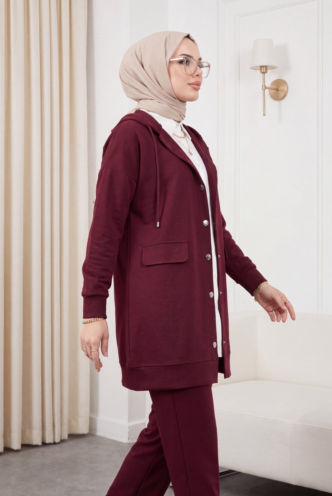 Hooded Button-Front Jacket and Relaxed Trousers Set in Burgundy - Podyumplus - by Peralane - photo 6