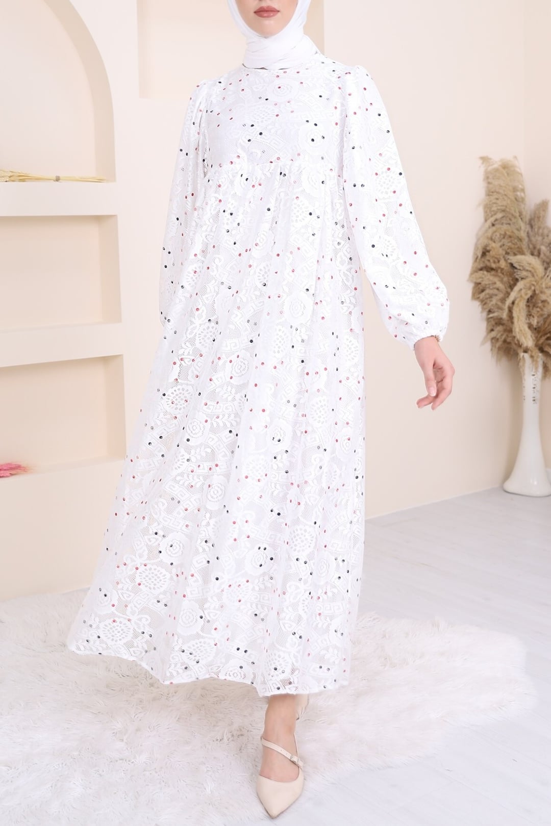 White Polka Dot Lined Tulle Dress with Long Puffed Sleeves - Podyumplus - by Peralane - photo 2