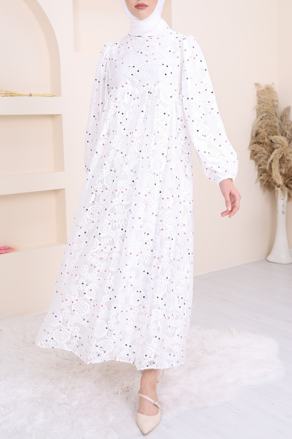 White Polka Dot Lined Tulle Dress with Long Puffed Sleeves - Podyumplus - by Peralane - photo 2