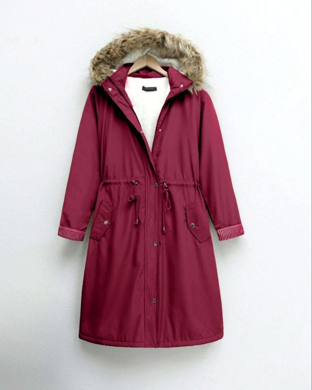 Long Women's Bonded Faux Fur Hooded Coat - Maroon - Podyumplus - by Peralane - photo 4