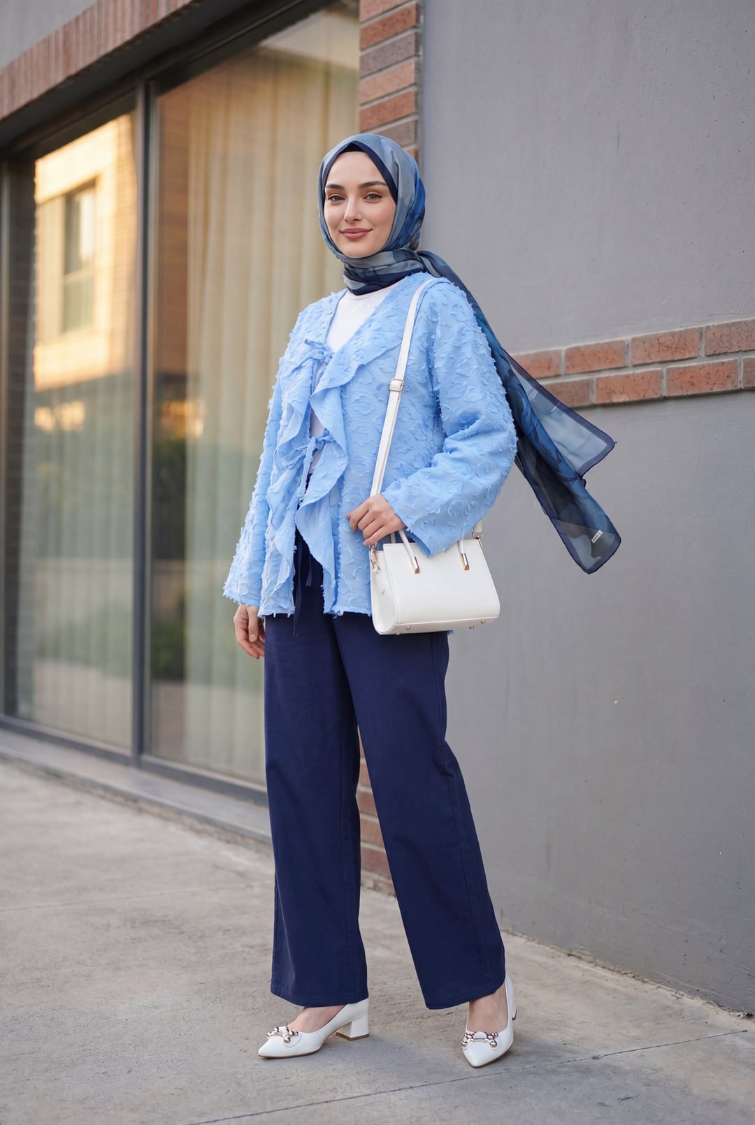 Front-Tie Ruffled Tassel Jacquart Kimono Cardigan - Light Blue - Podyumplus - by Peralane - photo 4