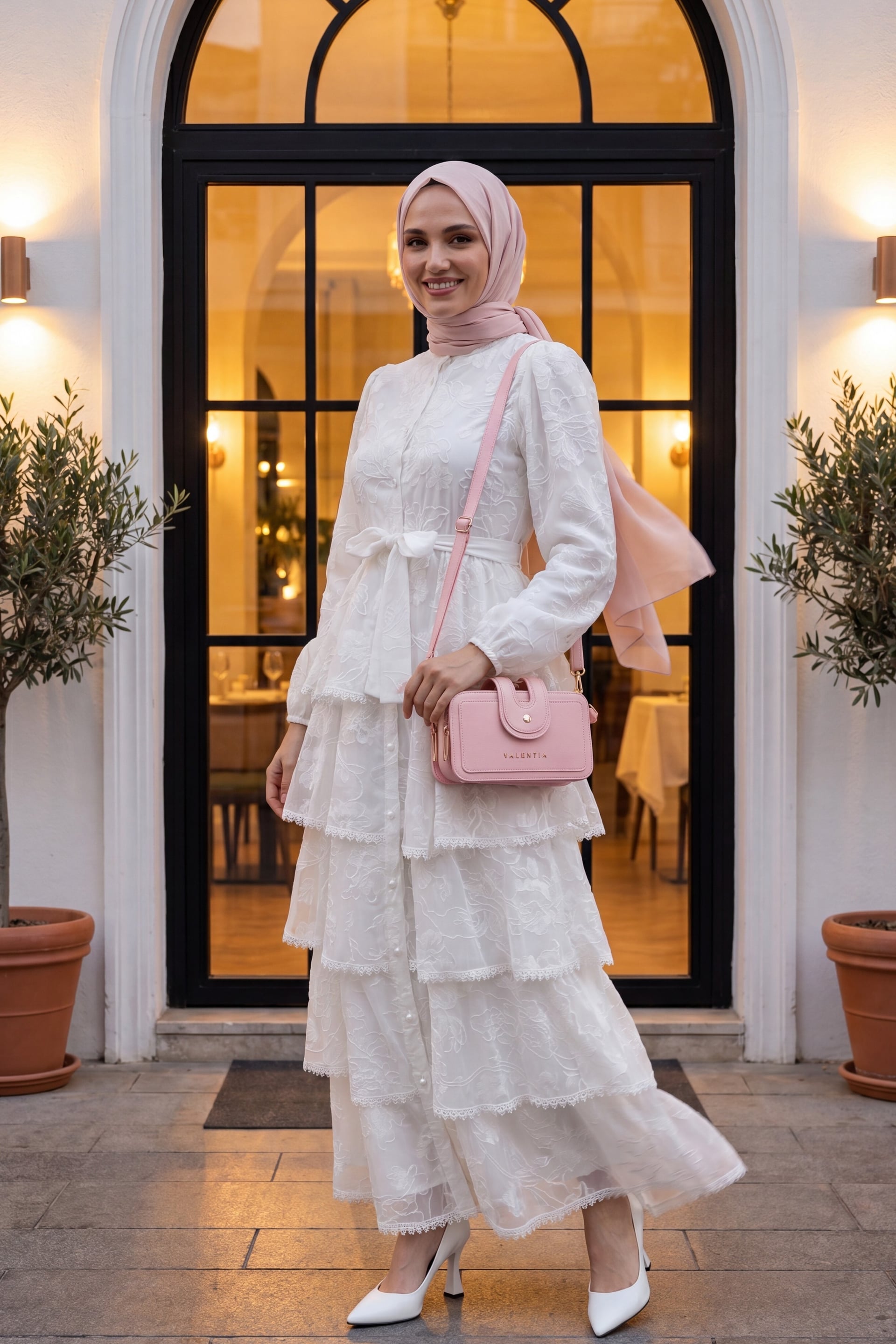 White Button-Front Tiered Chiffon Maxi Dress with Belt - Podyumplus - by Peralane - photo 4