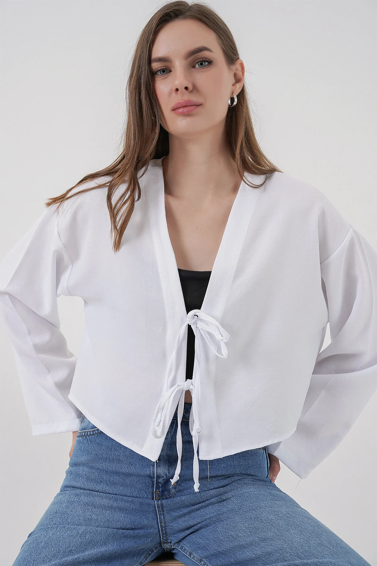 White Tie-Front Linen Kimono Blouse - Bigdart - by Peralane - photo 6