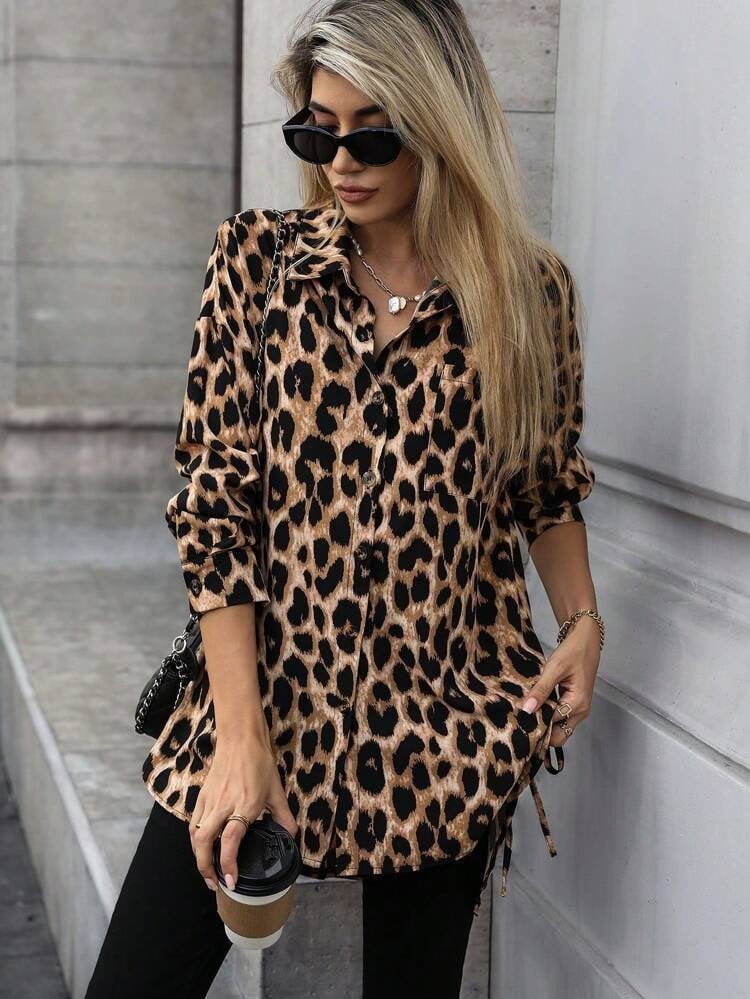 Women's Long-Sleeved Collared Leopard Print Modal Blouse with Button Front and Side Laces - Janes - by Peralane - photo 3