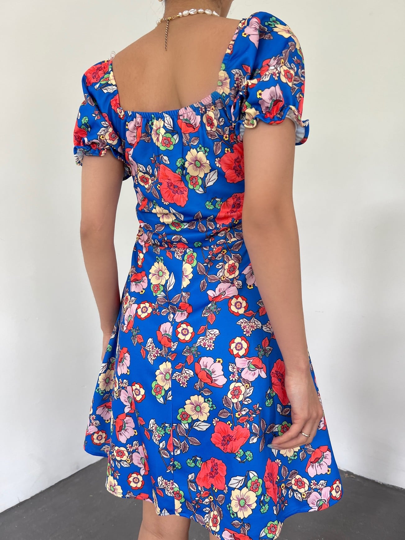 Off-Shoulder Floral Mini Dress with Tie-Front Detail - Blue - Podyumplus - by Peralane - photo 4