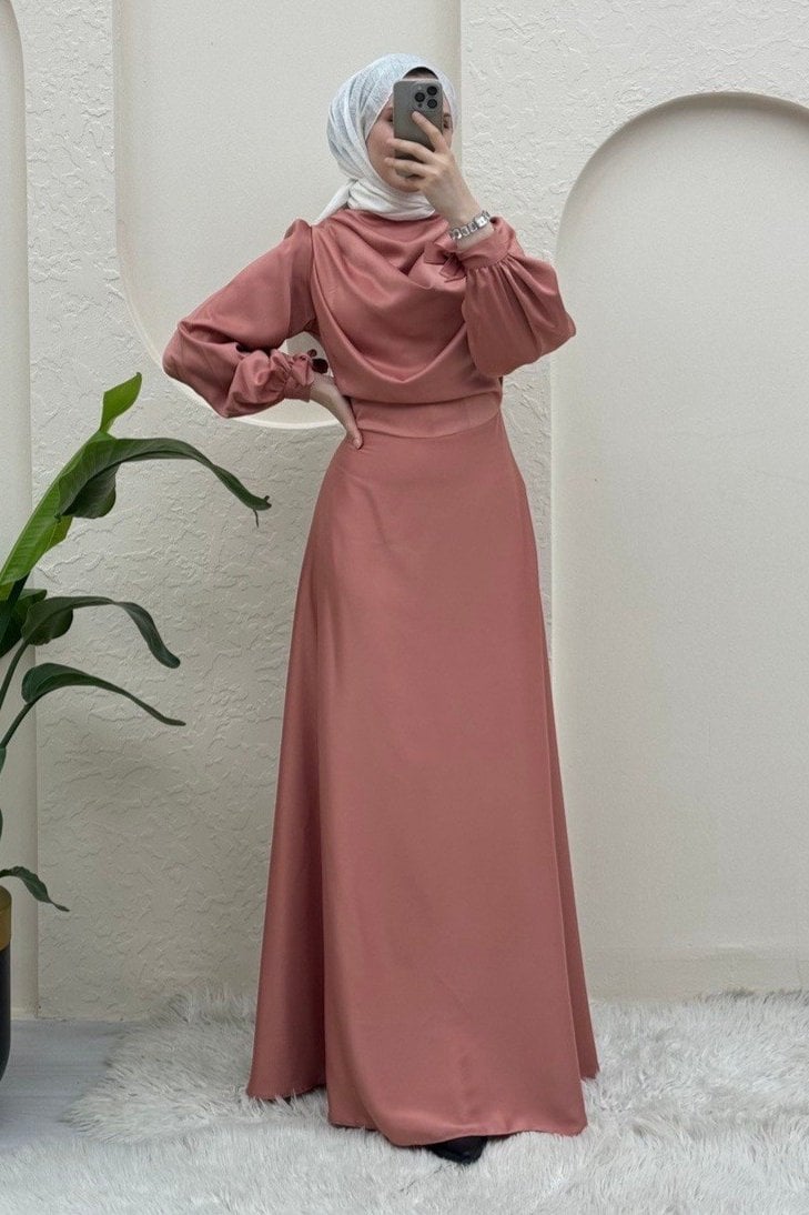 Draped Cowl Neck Modest Evening Set with Wrist Tie Detail - Powder - Podyumplus - by Peralane