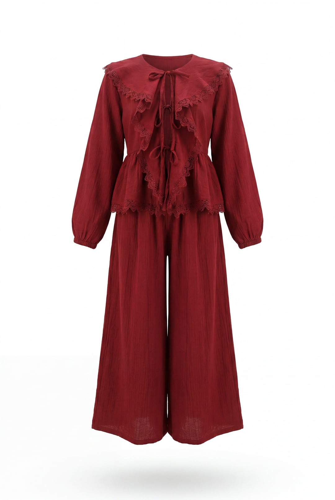 Lace Trim Tie-Front Trousers Set in Deep Red - Podyumplus - by Peralane - photo 5