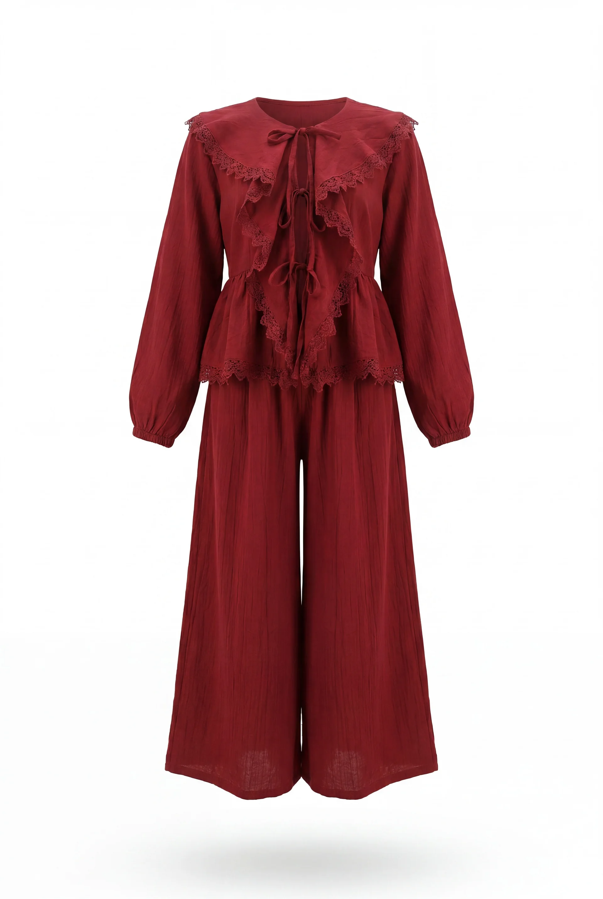 Lace Trim Tie-Front Trousers Set in Deep Red - Podyumplus - by Peralane - photo 5