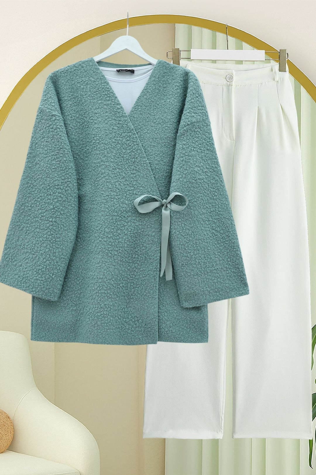 Side-Tie Boucle Kimono Cardigan - Mint - Podyumplus - by Peralane - photo 4