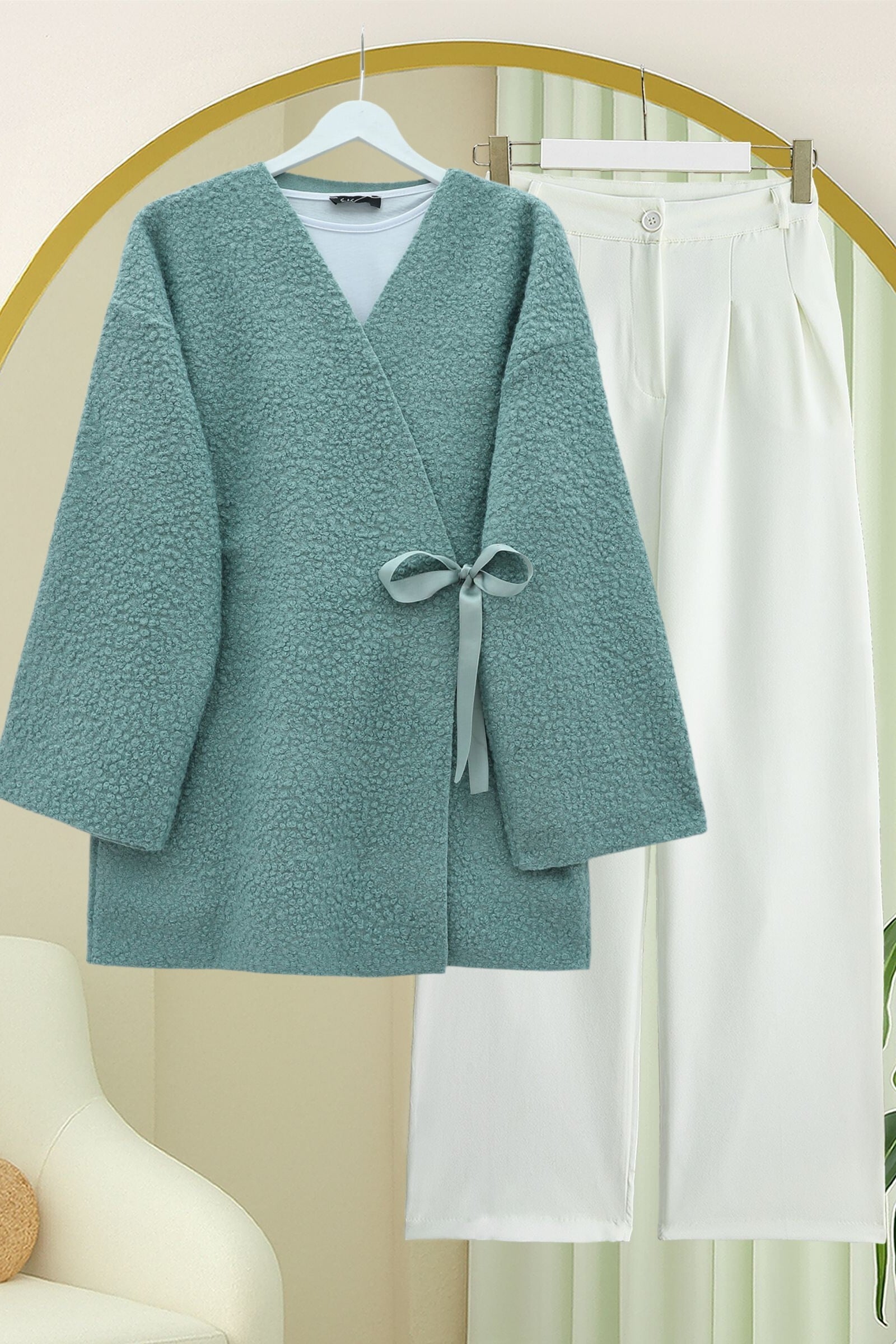 Side-Tie Boucle Kimono Cardigan - Mint - Podyumplus - by Peralane - photo 4
