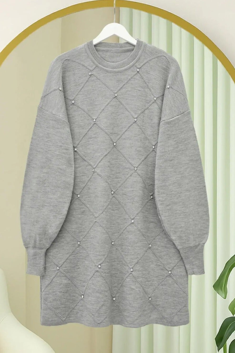 Stone Detail Diamond Pattern Knit Tunic - Grey - Podyumplus - by Peralane