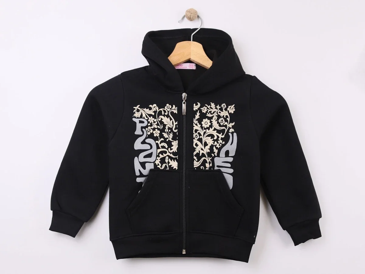 Girls' Zip-Up Hoodie with Floral Print - Black - CMK - by Peralane