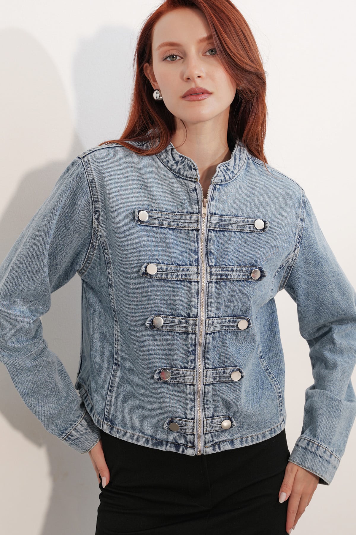 Women's Button Detail Denim Jacket 0771 - Blue - Bigdart - by Peralane - photo 5
