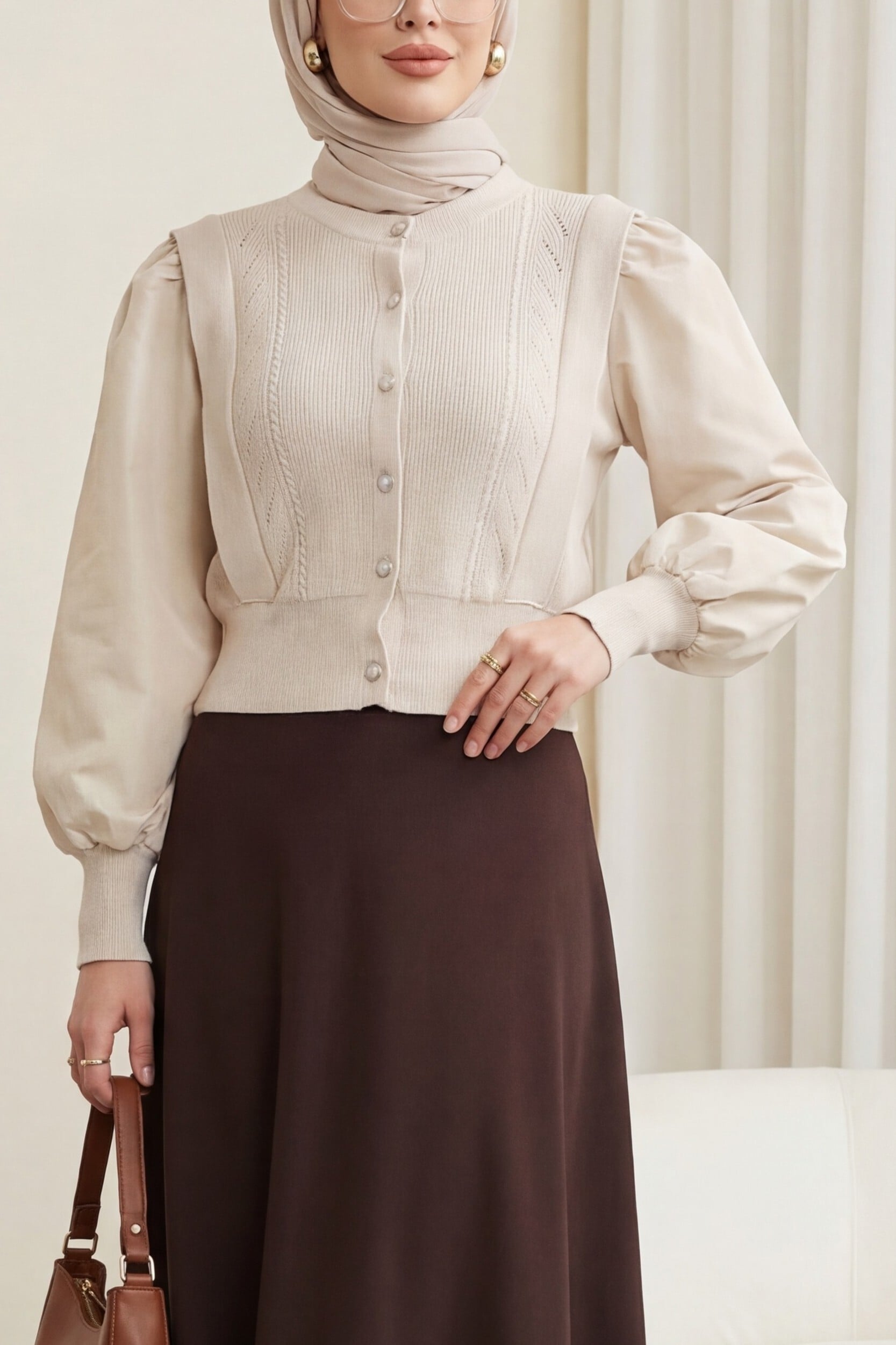 Poplin Sleeve Detail Buttoned Knit Cardigan - Stone - Podyumplus - by Peralane