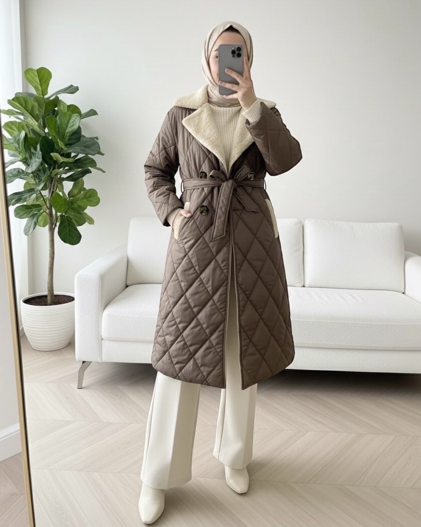 Quilted Long Jacket with Belt and Fur Collar - Earth Brown - Podyumplus - by Peralane - photo 3