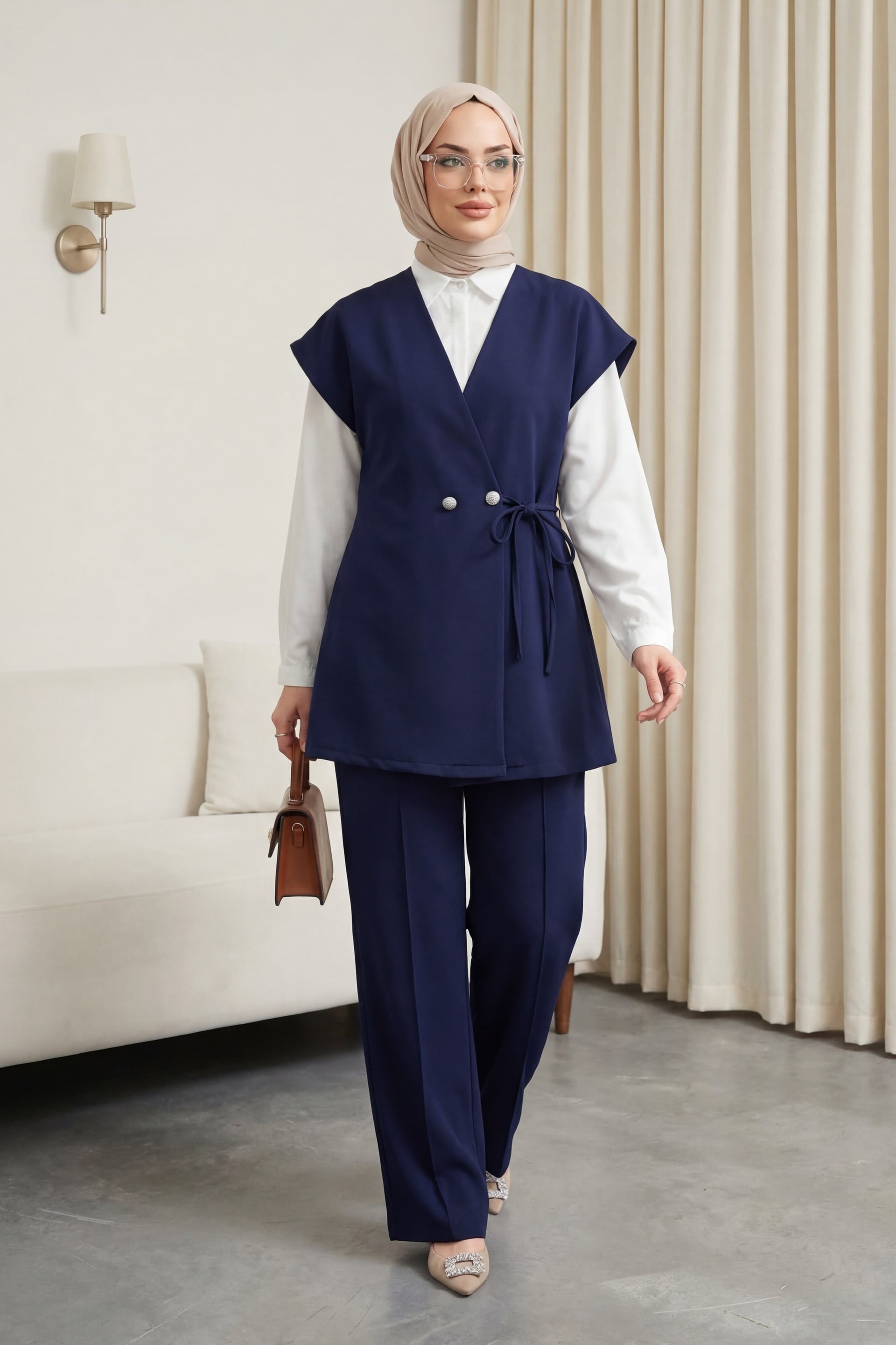 Button Detail Double-Tie Vest and Wide-Leg Trousers Double Crepe Set - Navy - Podyumplus - by Peralane - photo 3