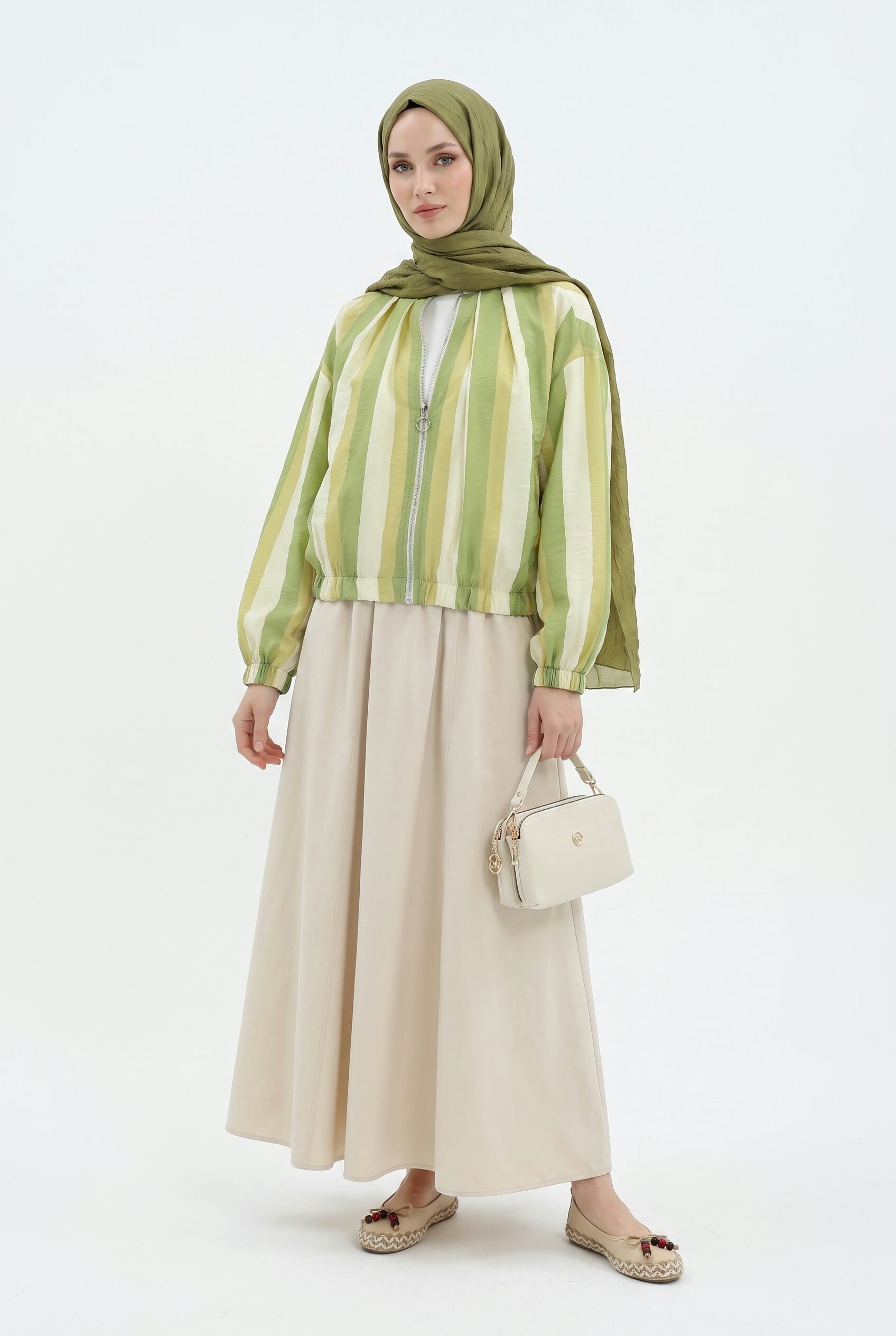 Elasticated Cuff and Hem Zip-Up Patterned Summer Jacket - Oil Green - Podyumplus - by Peralane - photo 9