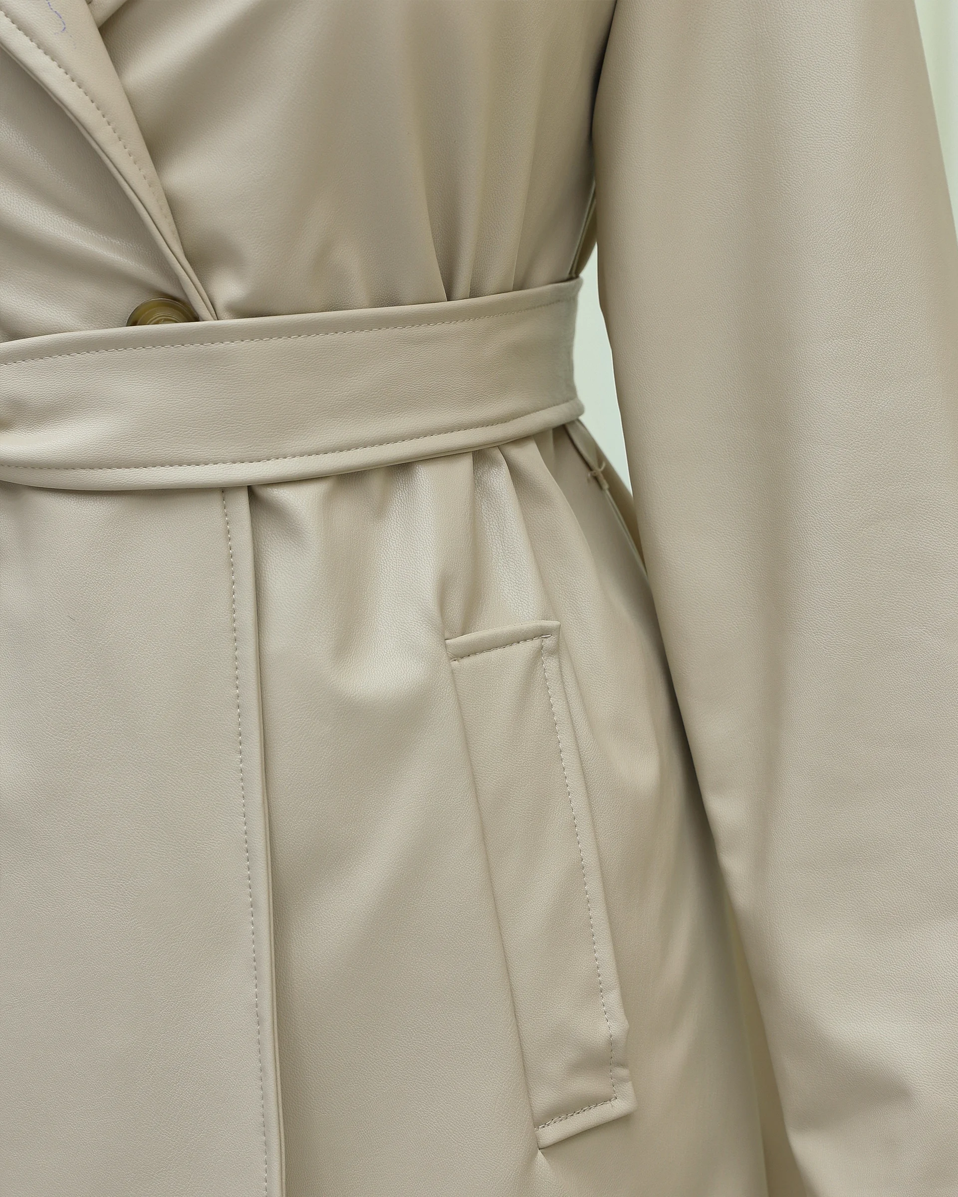 Single Button Pocket Wrap Belted Faux Leather Trench Coat - Cream - Podyumplus - by Peralane - photo 5