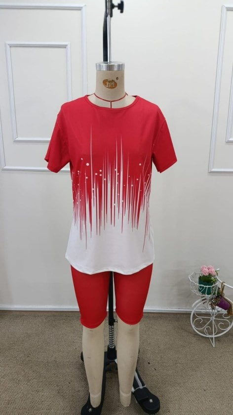 Women's Red and White Patterned Short-Sleeve Crew Neck Top and Leggings Two-Piece Set - Janes - by Peralane - photo 4