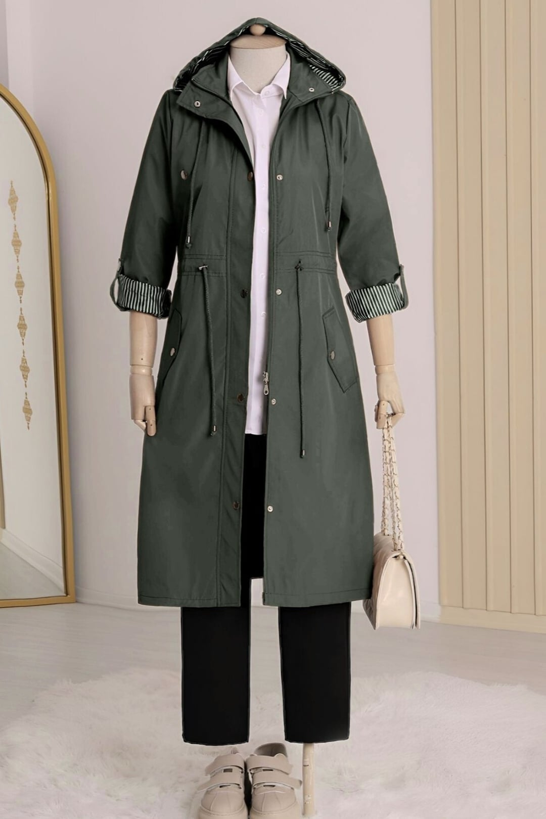 Women's Hooded Trench Coat with Striped Lining - Olive - Podyumplus - by Peralane - photo 7