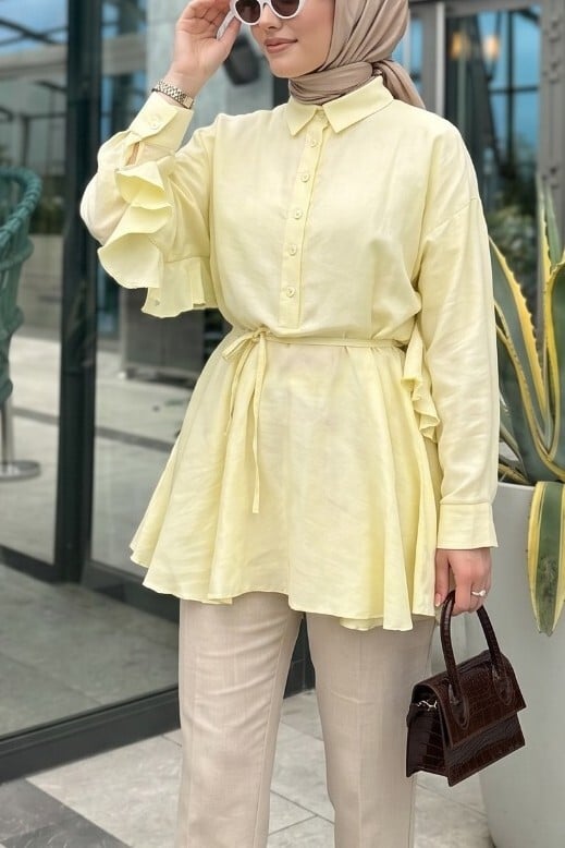 Buttoned Belted Batwing Sleeve Ruffle Oversize Modal Tunic - Yellow - Podyumplus - by Peralane