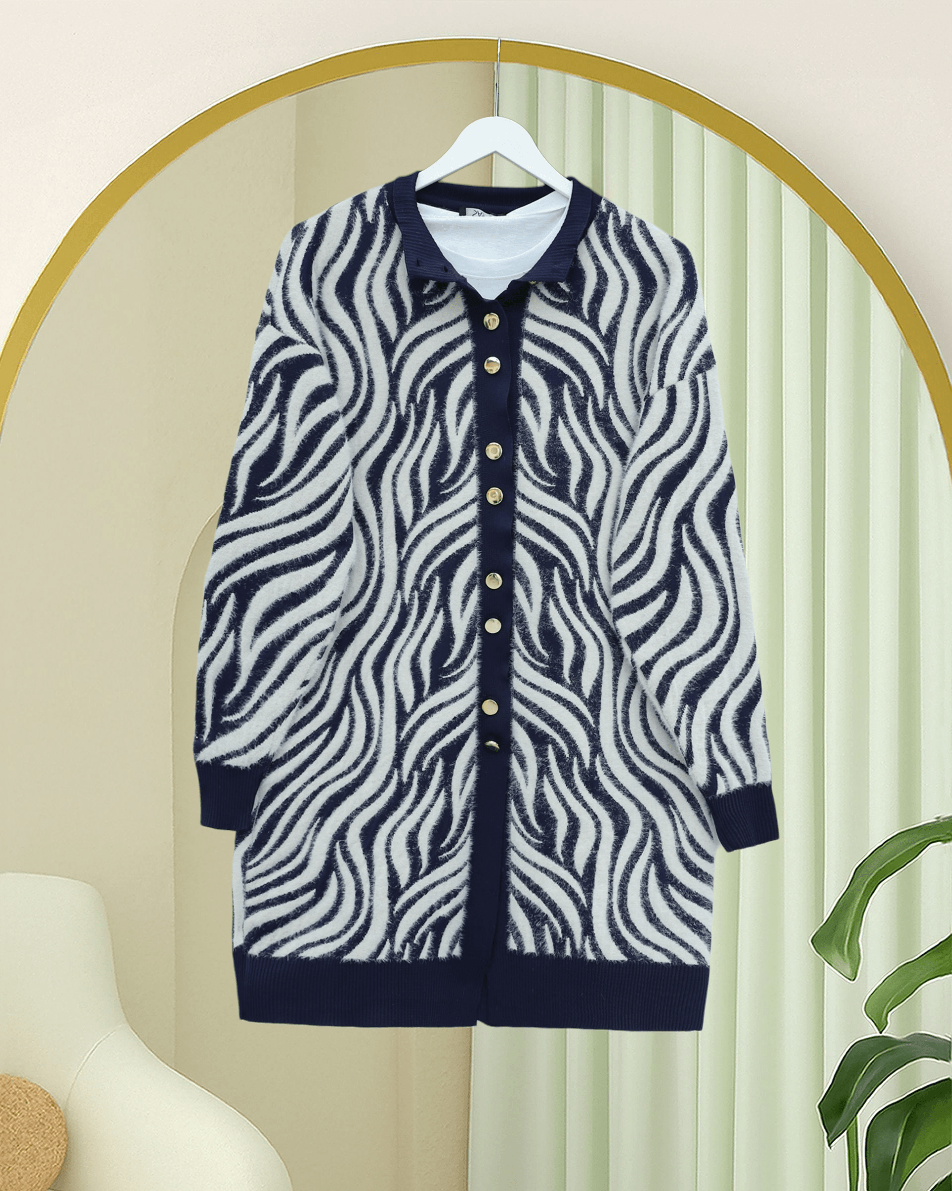 Buttoned Zebra Print Fringed Knit Cardigan - Navy - Podyumplus - by Peralane - photo 4