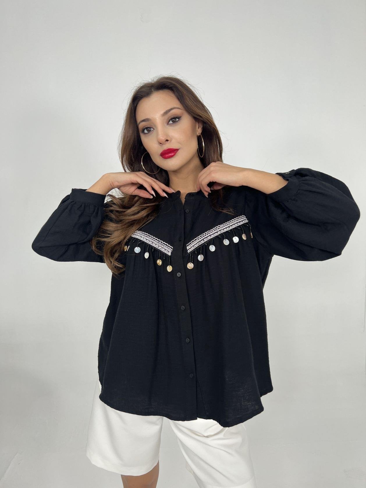 Black Cotton Blouse with Embroidery and Puffed Sleeves - Fame - by Peralane - photo 3
