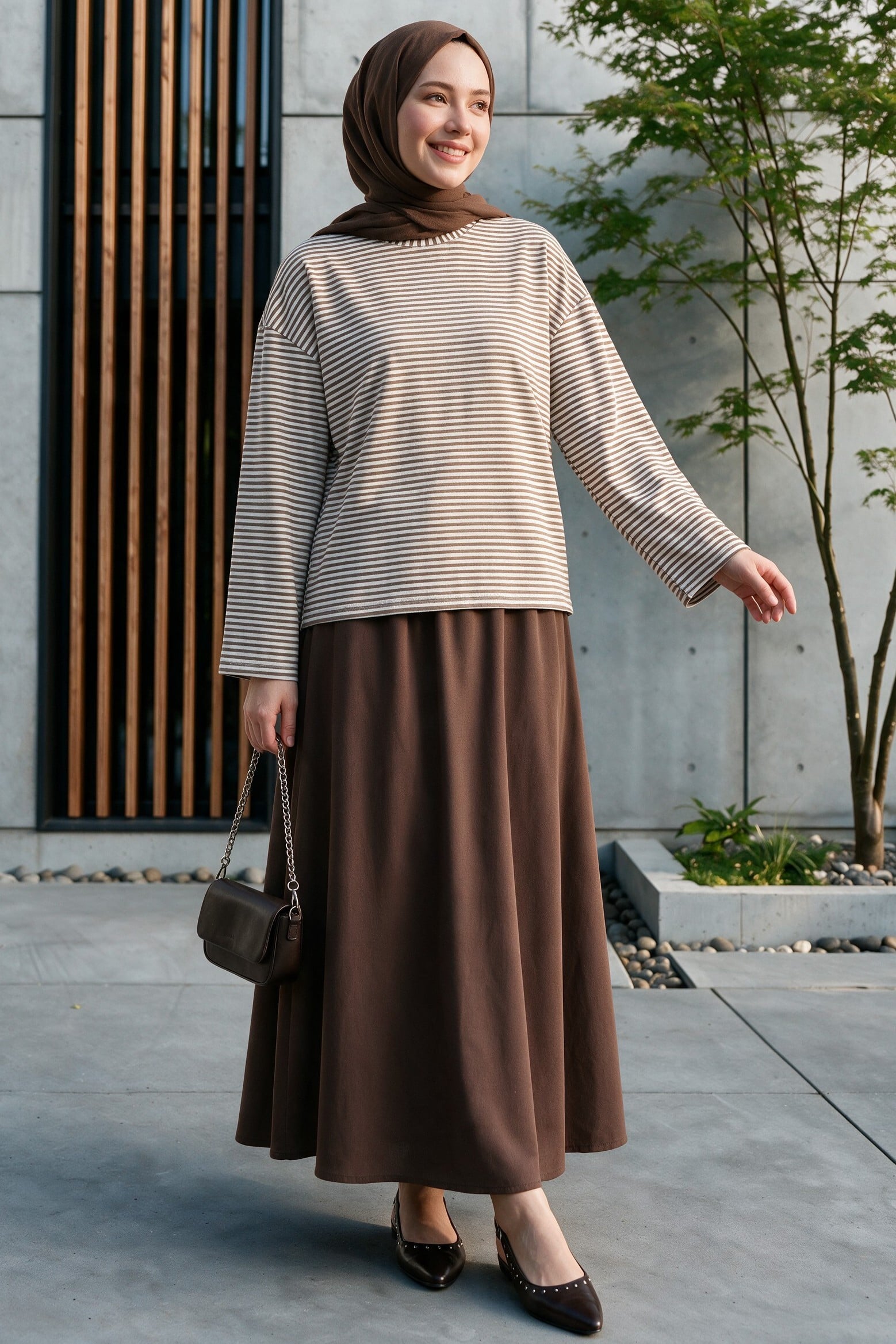 Crew Neck Striped Viscose Sweatshirt - Light Brown - Podyumplus - by Peralane - photo 4