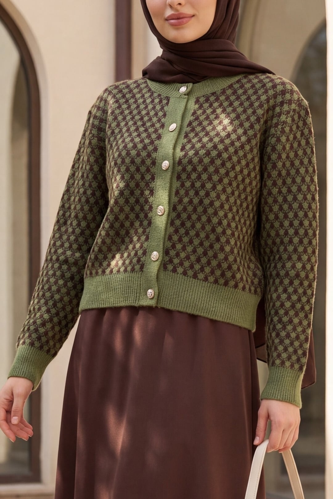 Round Neck Buttoned Patterned Knit Cardigan - Khaki - Podyumplus - by Peralane