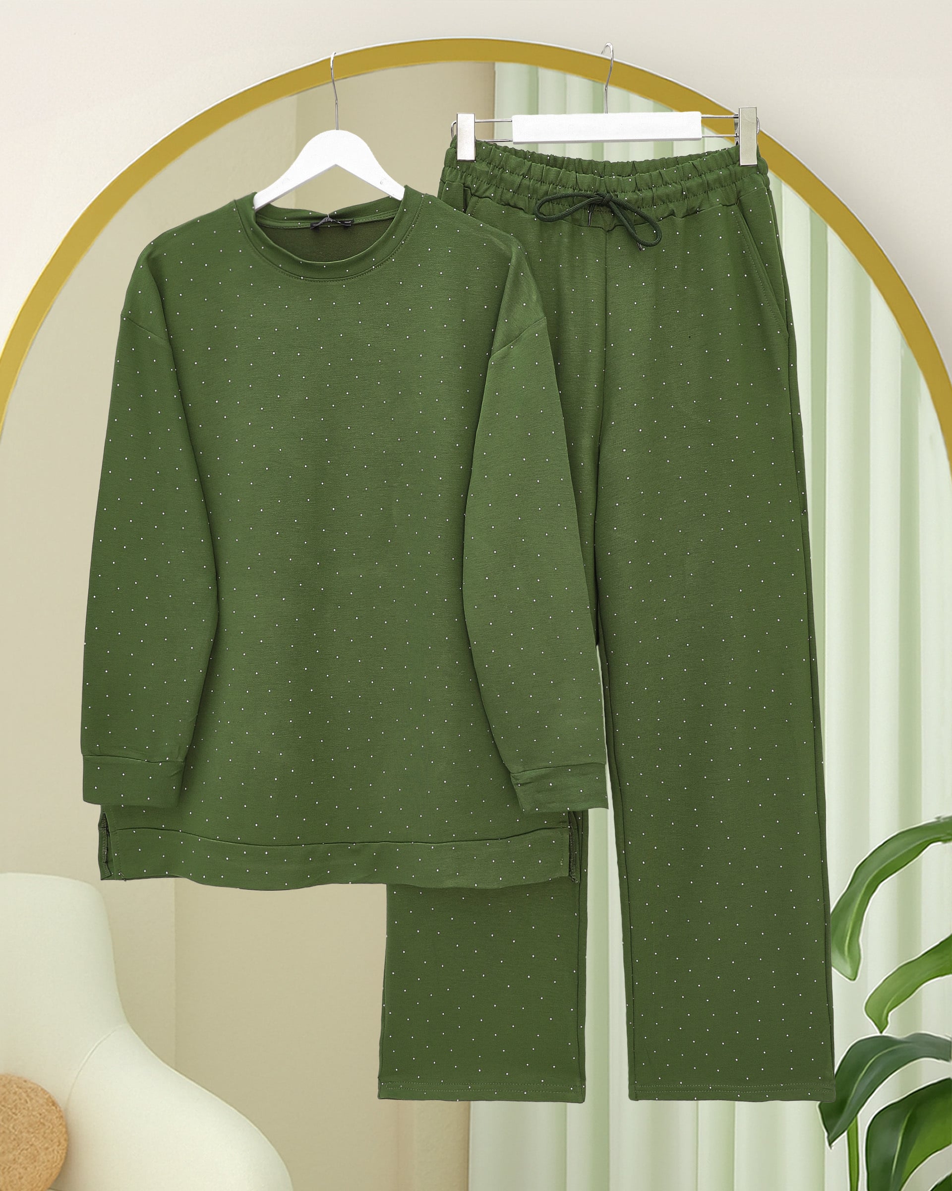Women's Modest Loungewear Set with Stone Detail - Dark Green - Podyumplus - by Peralane - photo 2