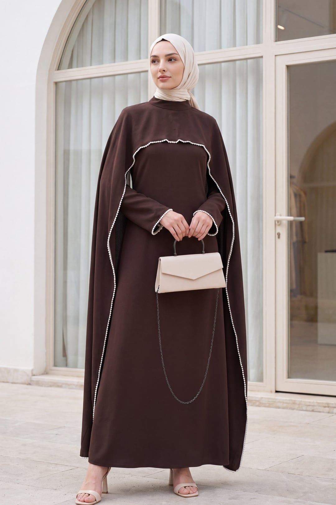 Pearl Detachable Cape Spanish Sleeve Lined Crepe Abaya Dress - Dark Brown - Podyumplus - by Peralane - photo 3