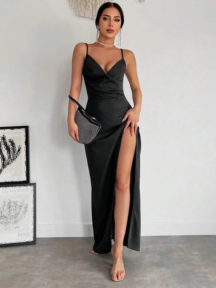 Women's Satin Crepe Dress with Cowl Neck and Side Slit - Janes - by Peralane