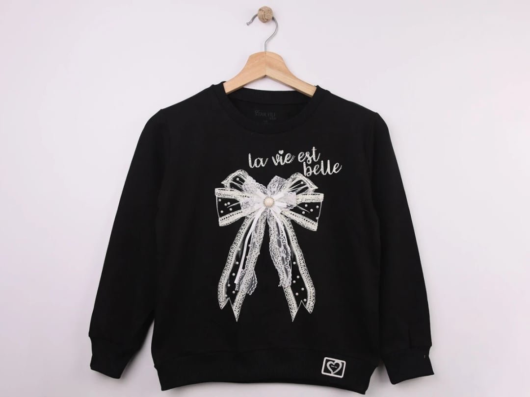 Girls' Bow Print Lace Embroidered Sweatshirt - Star File - by Peralane