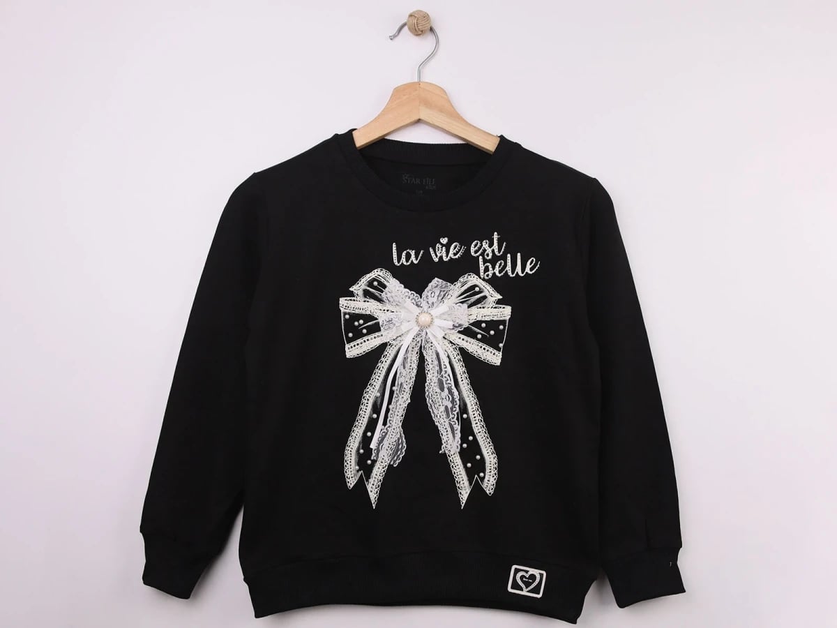Girls' Bow Print Lace Embroidered Sweatshirt - Star File - by Peralane