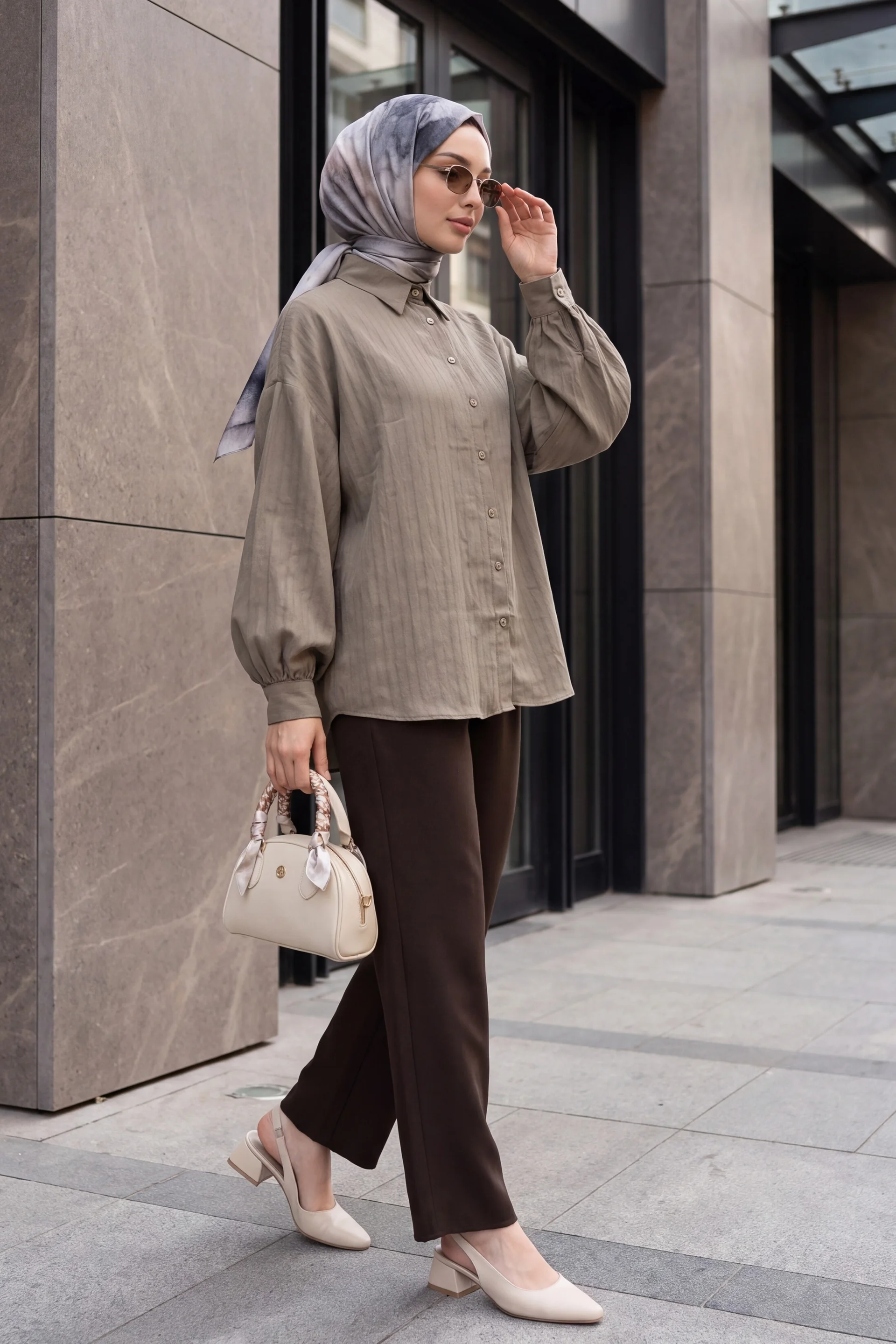 Long Back Oval Cut Buttoned Oversize Blouse - Light Brown - Podyumplus - by Peralane - photo 6
