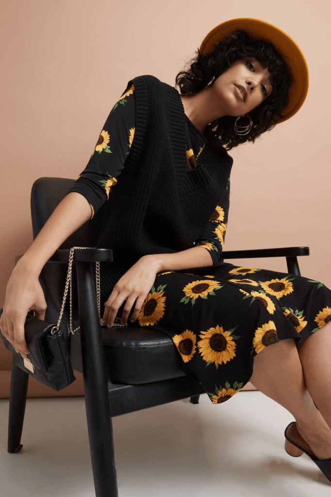 Women's Black Sunflower Print Midi Dress with Three-Quarter Sleeves - Janes - by Peralane - photo 4