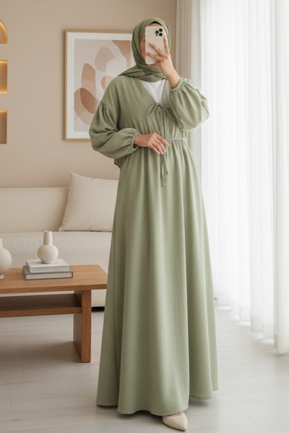 Tie Neck Long Muslin Dress with Elastic Cuffs and Waist - Sage Green - Podyumplus - by Peralane