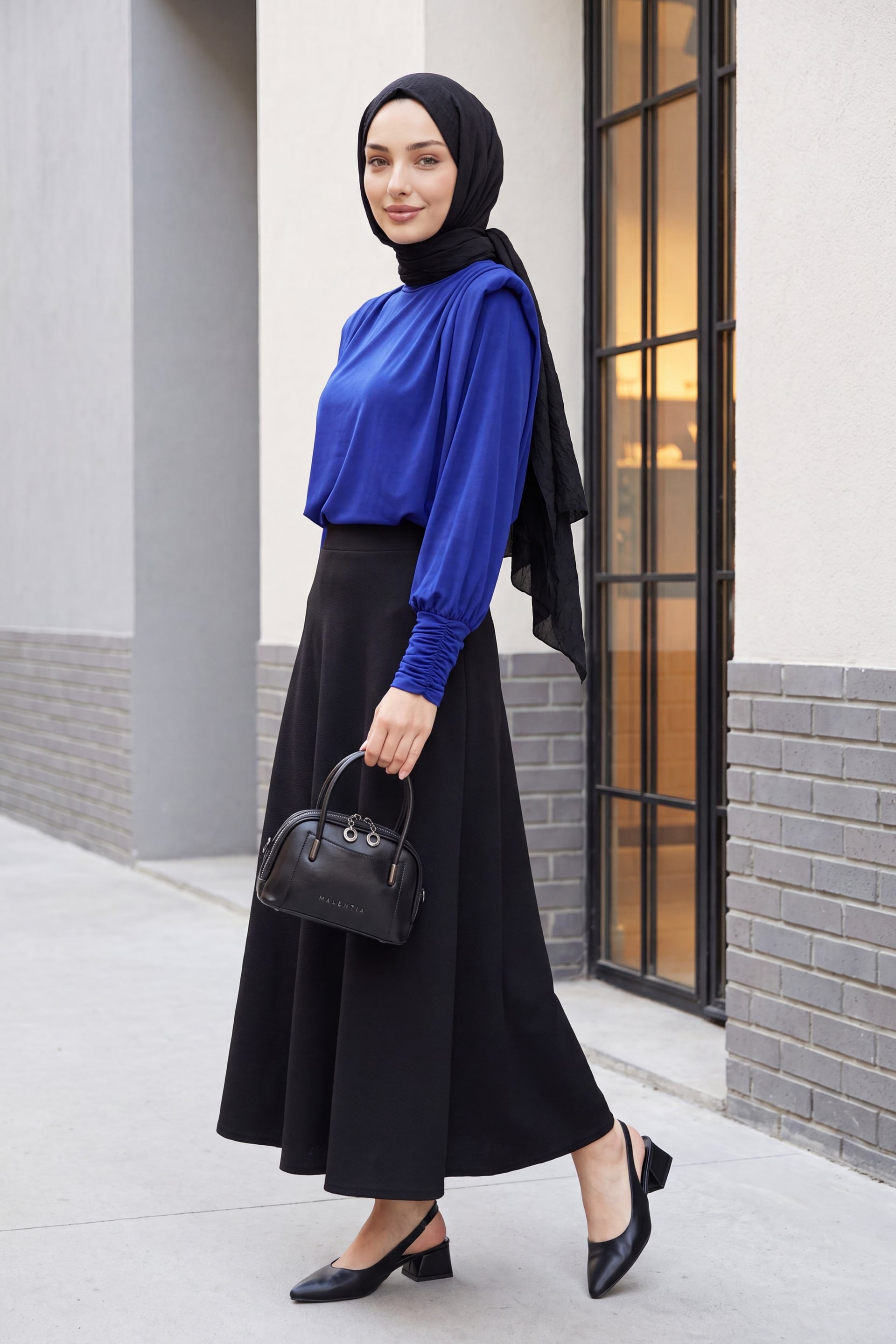 Padded Shoulder Long-Sleeve Blouse - Saks Blue - Podyumplus - by Peralane - photo 3