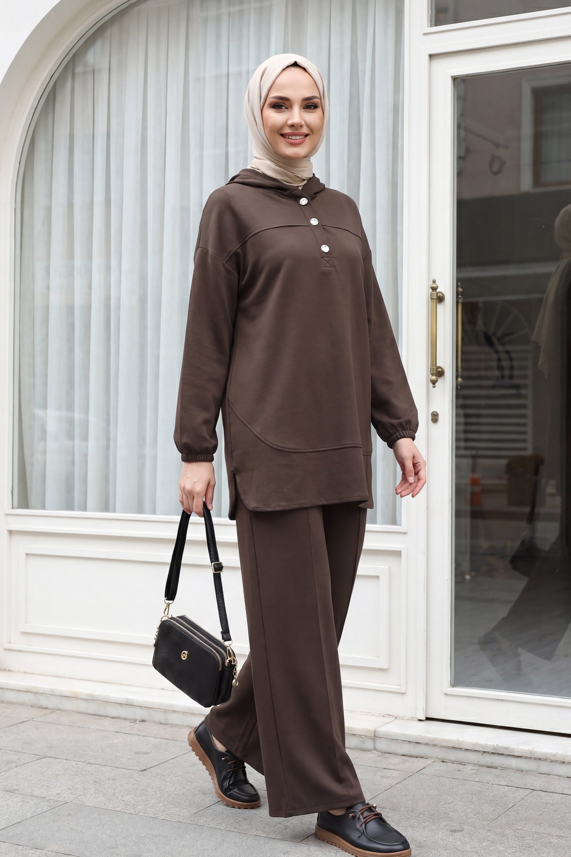 Hooded Button-Up Lounge Set with Trousers - Dark Brown - Podyumplus - by Peralane