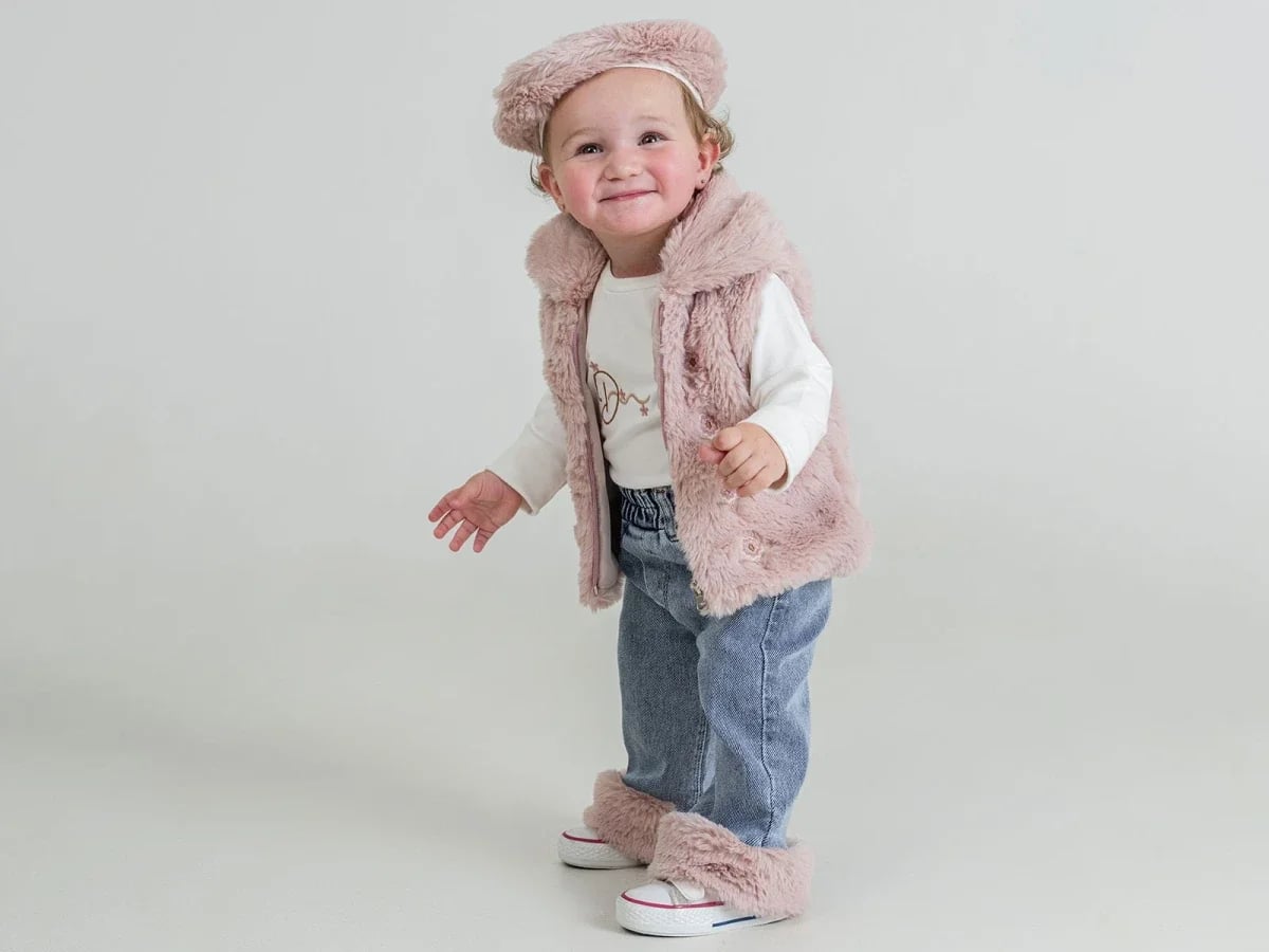 Girls' 4-Piece Set with Embroidered Hat, Faux Fur Vest, T-Shirt and Jeans – Dusty Pink - Pampal Kids - by Peralane