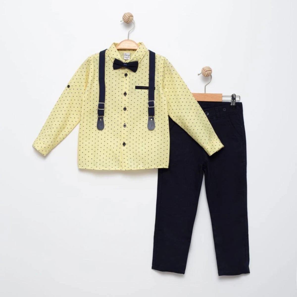 Boys' Oxford Fabric Suit Set with Suspenders and Bowtie - Yellow - Terry - by Peralane