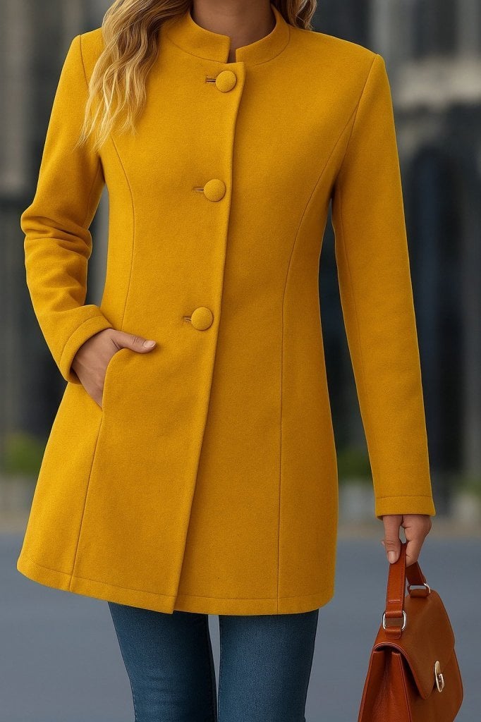 Women's Mustard Yellow Notch Lapel Button-Up Short Coat - Janes - by Peralane - photo 2