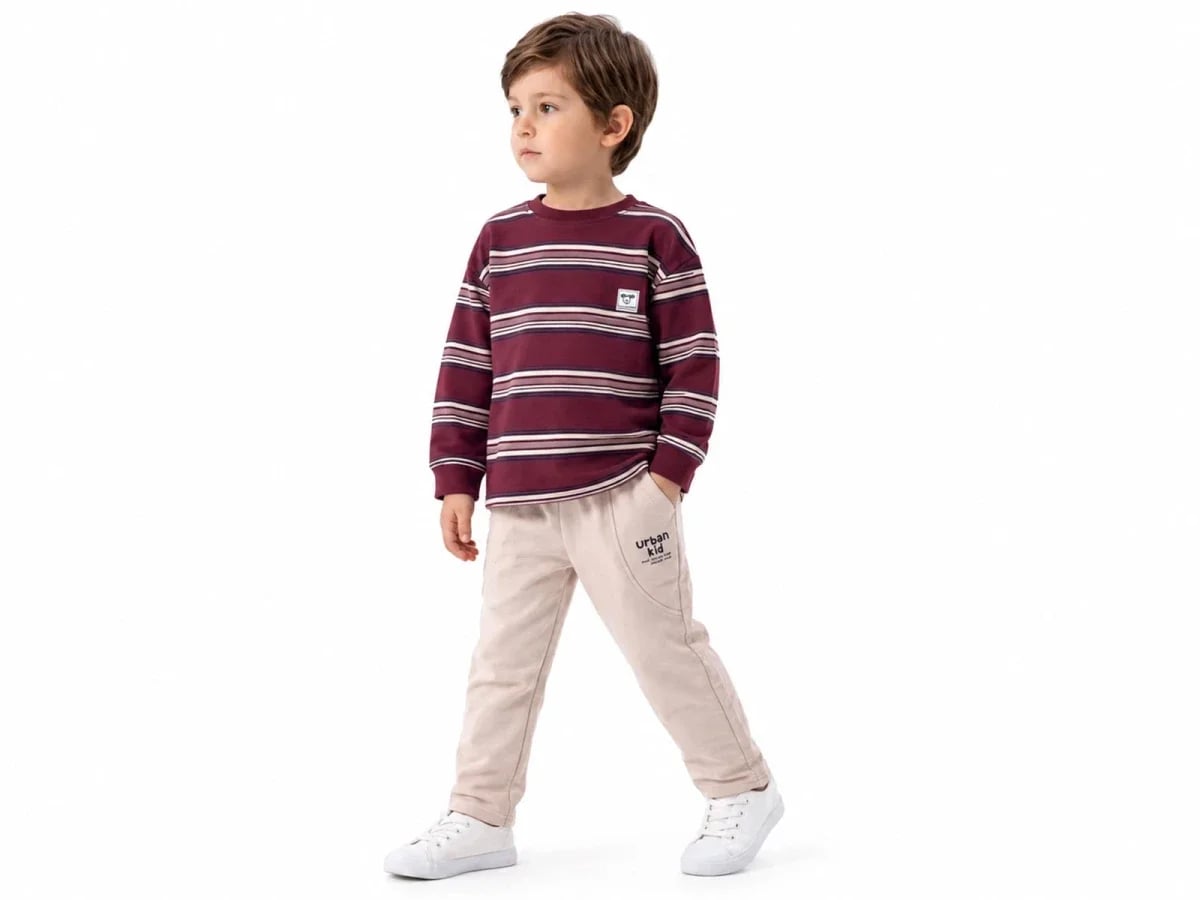 Striped Boys' 2-Piece Set (T-Shirt and Trousers) - Burgundy/Beige - Vovido - by Peralane