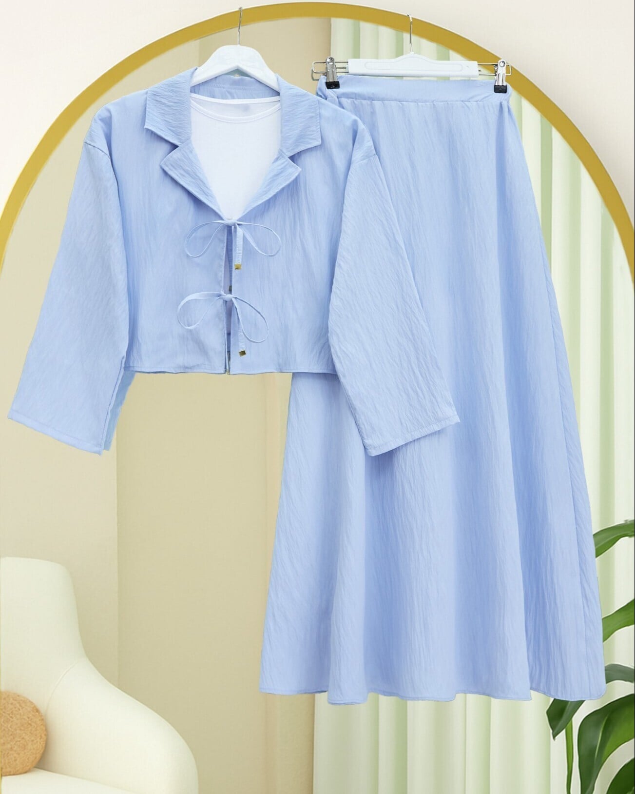 Crinkled Modest Two-Piece Set with Jacket and Skirt - Baby Blue - Podyumplus - by Peralane - photo 3