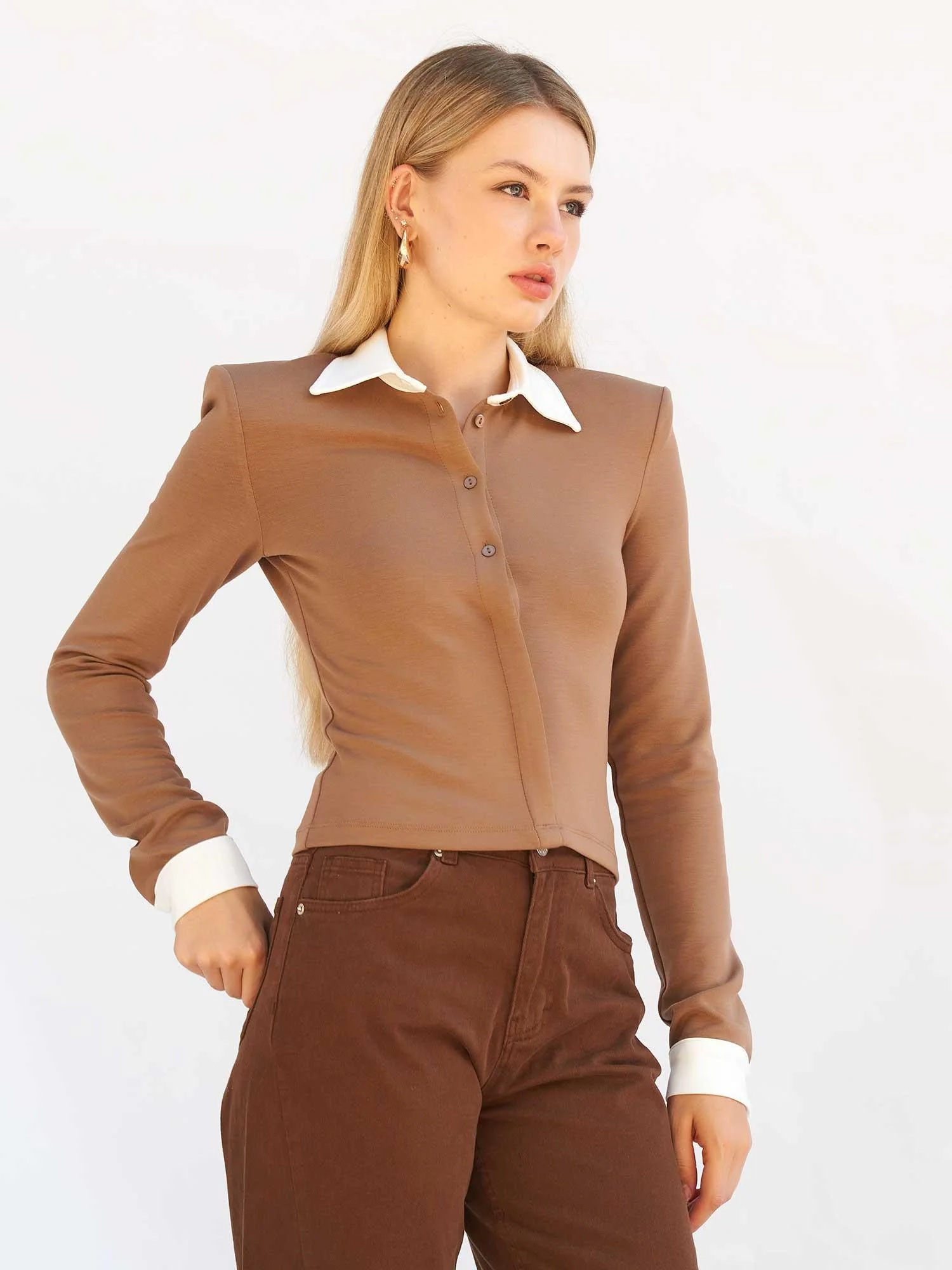 Women's Brown Knit Blouse with Collar and Cuffs - Lefon - by Peralane - photo 6