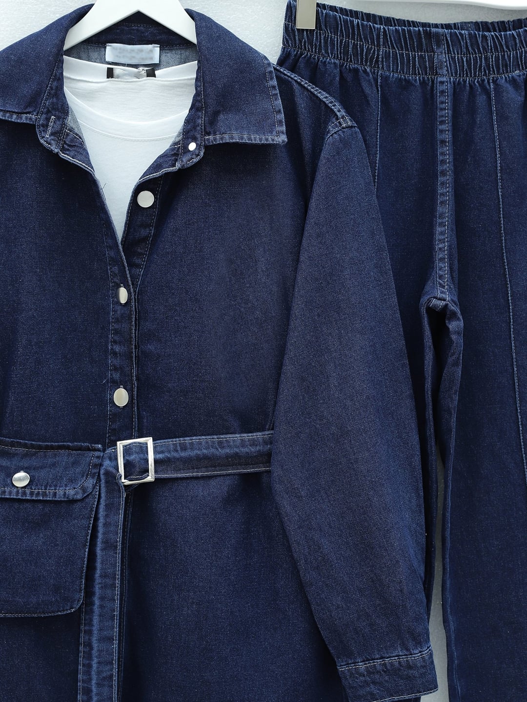 Denim Co-ord Set with Bag Pockets and Contrast Stitching - Dark Navy - Podyumplus - by Peralane - photo 4
