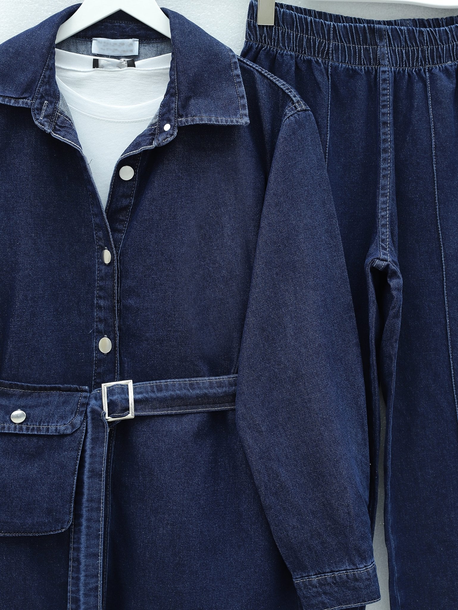 Denim Co-ord Set with Bag Pockets and Contrast Stitching - Dark Navy - Podyumplus - by Peralane - photo 4