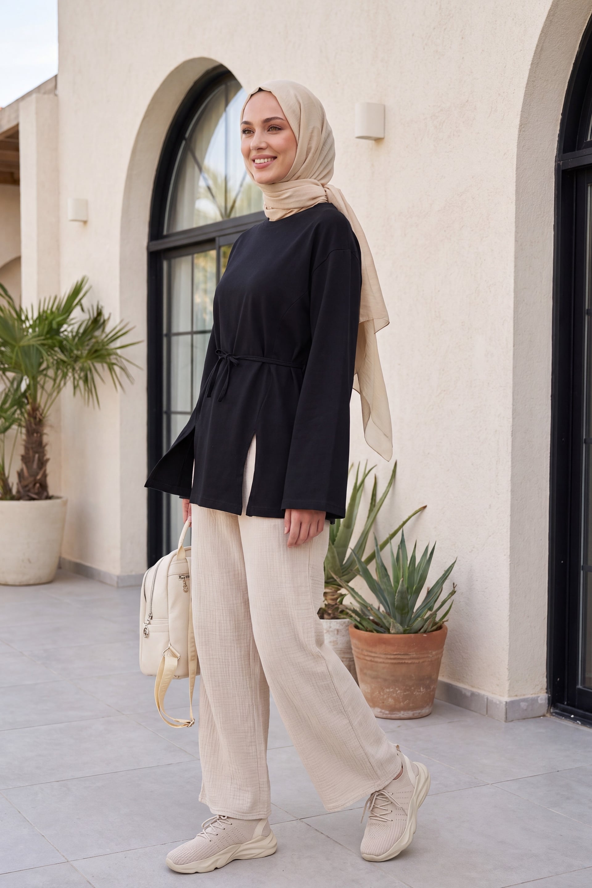 Tie-Waist Slit Jersey Tunic - Black - Podyumplus - by Peralane - photo 7